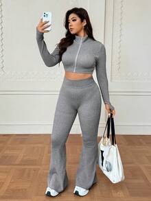 SHEIN Sports 两件套女士加大码无缝高领拇指孔拉链前襟罗纹瑜伽健身舞蹈体操外套长袖夹克和喇叭裤运动套装 - 灰色 - 查看 6