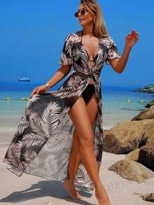 Swim Lushoire Women's Beach Vacation Outfits Tropical Plant Print Short Sleeve Criss-Cross Backless Dress With Cover Up - Black and White - View 3
