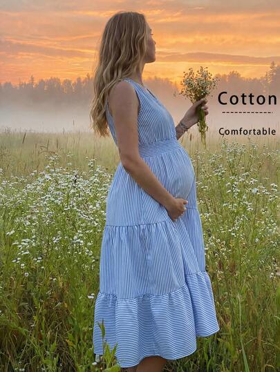 Boho Mama Summer Outfits,Blue Woven Striped Cotton Bohemian Style Maternity Dress,Maternity Casual Holiday Style Blue & White Striped Ruffle Hem Sleeveless Dress Maternity Clothes Summer Dresses Maternity Clothes Cotton Cotton Summer Dresses Picnic Dresses For Women Cottage Core Dresses