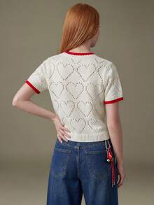 Elnivra Bluză tricotată casual lejeră cu guler rotund și mânecă scurtă, model cu inimă, cu bordură contrastantă, bej, pentru femei, primăvară/vară - Bej - Vizualizare 2
