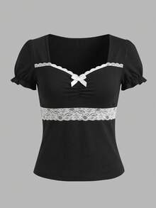 SHEIN Blusa Casual Feminina com Recortes em Renda e Blocos de Cor, Verão - Preto - Visão 4