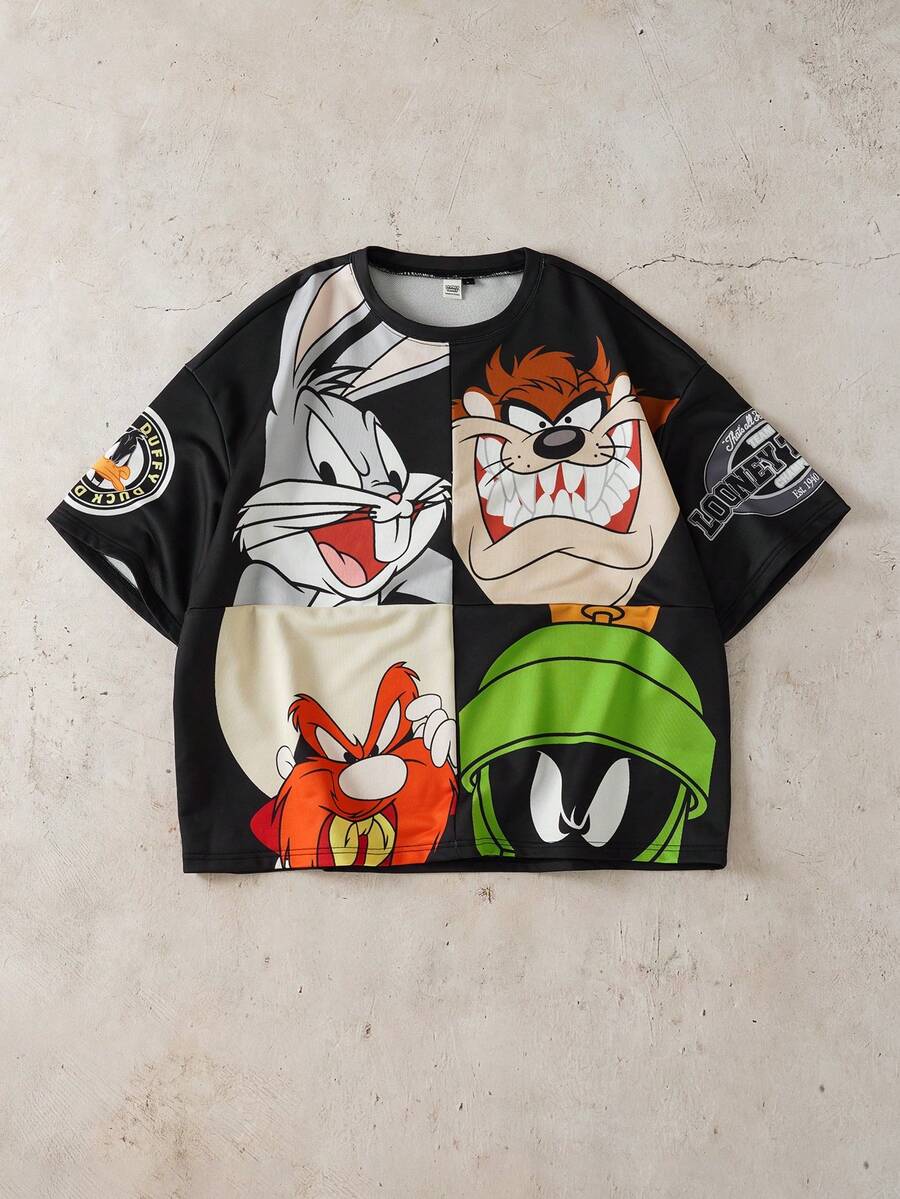 LOONEY TUNES X SHEIN Áo thun nam in hình hoạt hình phong cách thường ngày, thích hợp cho mùa hè. - màu đen - Xem 1
