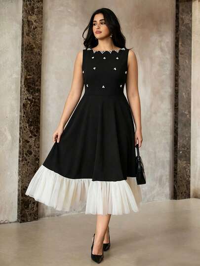 Roveilla 大码优雅浪漫网纱拼接串珠无袖连衣裙