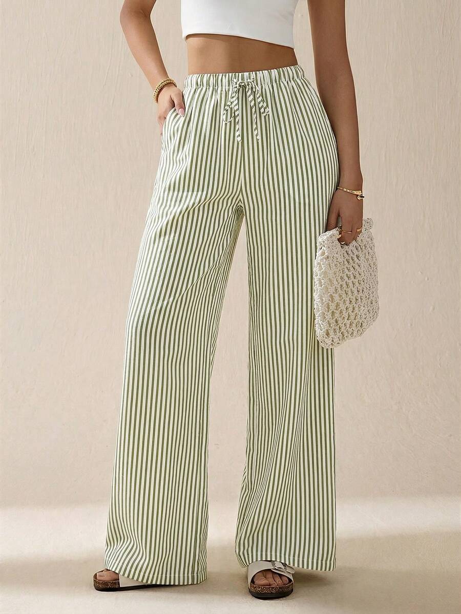 SHEIN Tall 条纹印花休闲日常女装春夏长裤 - 軍綠色 - 查看 1