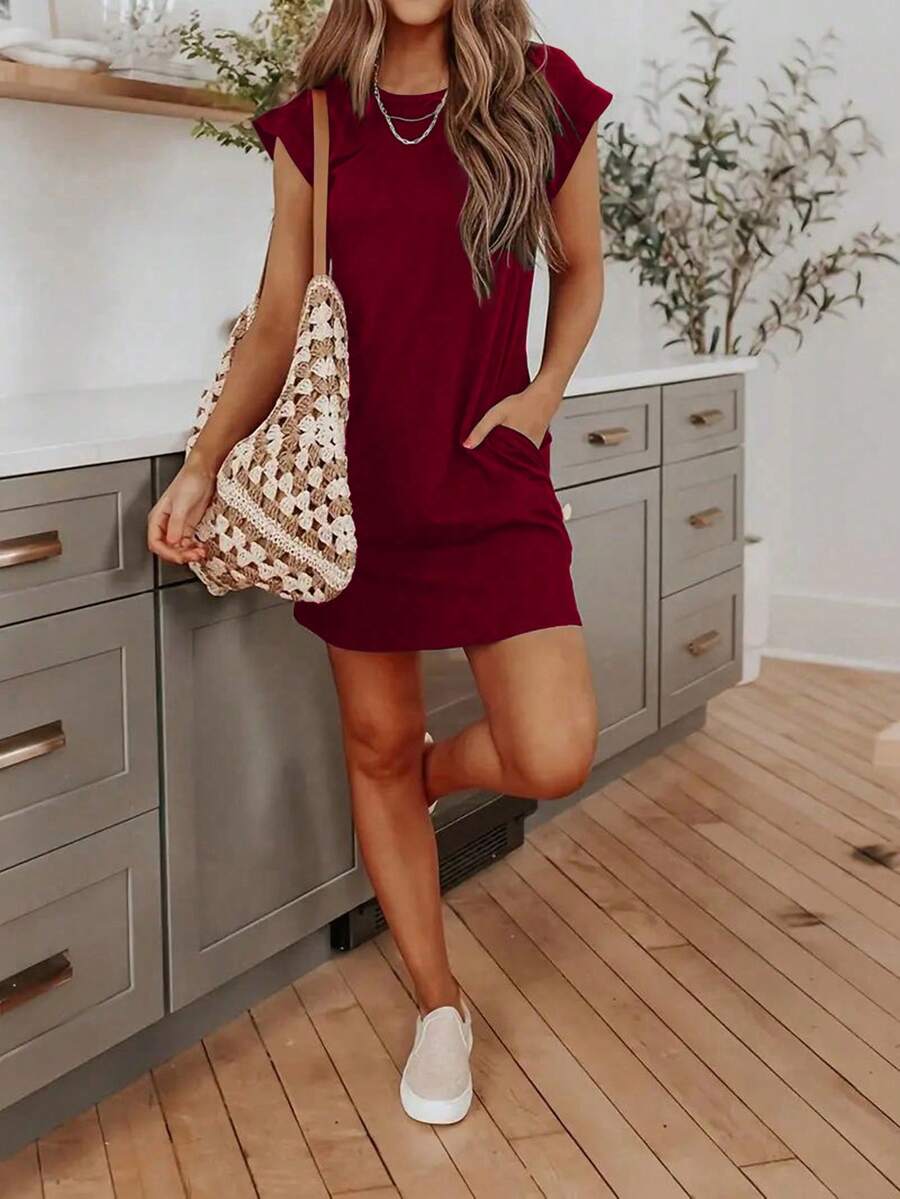 Silhoulove Women's Casual Everyday Commute Solid Color Pocket Dress, Summer - Burgundy - View 1
