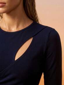 CAJUNI Women's Solid Color Cutout Ruched Crew Neck Long Sleeve Activewear T-Shirt - Black - View 4
