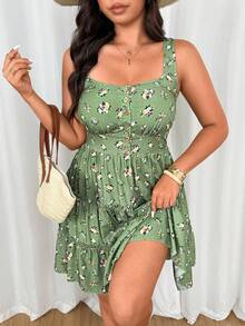 SHEIN PETITE CURVE 小巧精致的碎花吊带A字连衣裙 - 綠色 - 查看 8