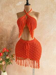 Soleia Ensemble pull et mini-jupe femme de couleur unie avec décorations à franges sur le Top à col ras-du-cou - Orange - Voir 4