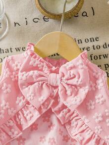SHEIN Babygirl Casual Cute Yellow Textured Floral Pattern Ruffle Hem Tank Top And Shorts Set - Pink - View 3