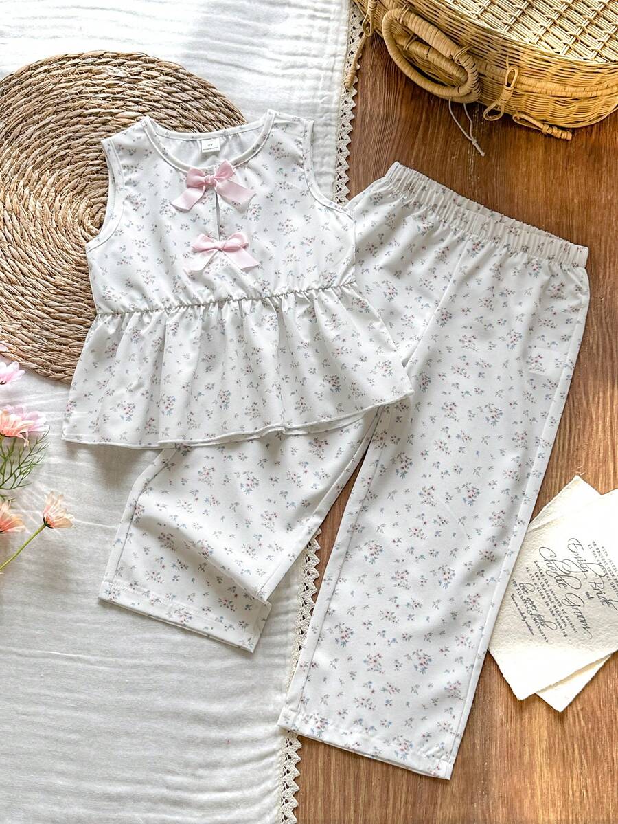 SHEIN Vintaside Kids 女童两件套碎花套装,宽松无袖蝴蝶结装饰背心+阔腿裤,甜美可爱休闲装,夏季 - 粉色 - 查看 1