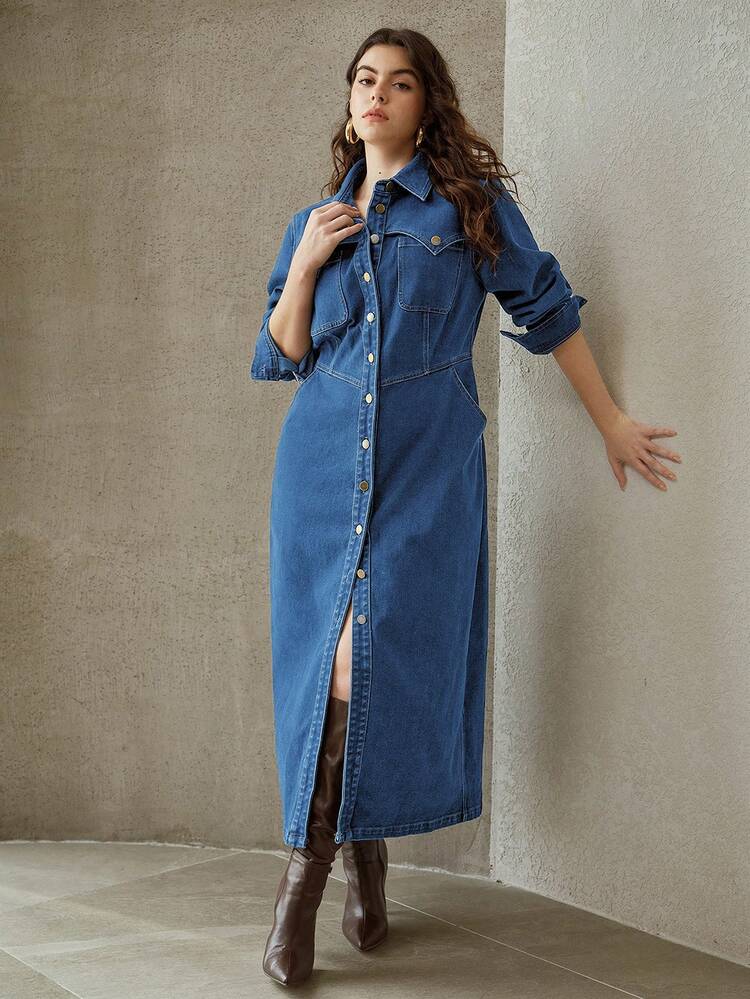 PLUS SIZE LONG SLEEVE DENIM DRESS, SHIRT STYLE, SUITABLE FOR SPRING, SUMMER AND AUTUMN