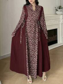 Yasmyna Conservative Casual Vacation Printed Patchwork Arabic Style Dress For Women - Burgundy - View 8