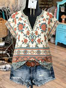 Linhara Áo kiểu nữ cỡ lớn phong cách Bohemian cổ điển, cổ tròn, phối cổ chữ V, tay ngắn, dáng rộng, họa tiết hoa vintage, thích hợp mặc đi nghỉ mát, đi làm, hẹn hò, trang phục mùa hè đa năng. Hàng mới về - Nhiều màu - Xem 1