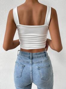Elenzga Áo tank top lửng xếp ly màu trơn dành cho nữ cỡ lớn, kiểu dáng cơ bản. - trắng - Xem 2