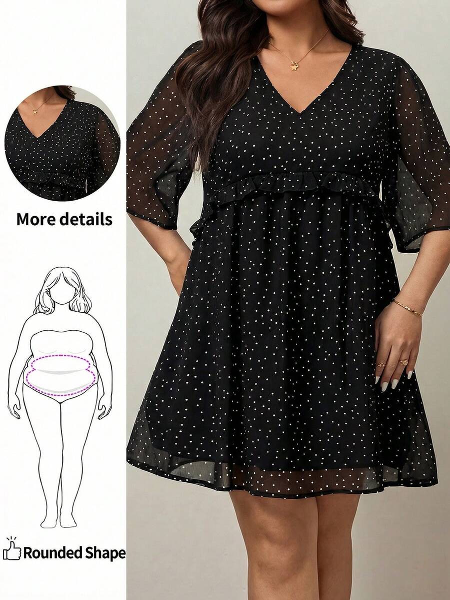 Enliva 大码女式波点娃娃裙 - 黑色 - 查看 1