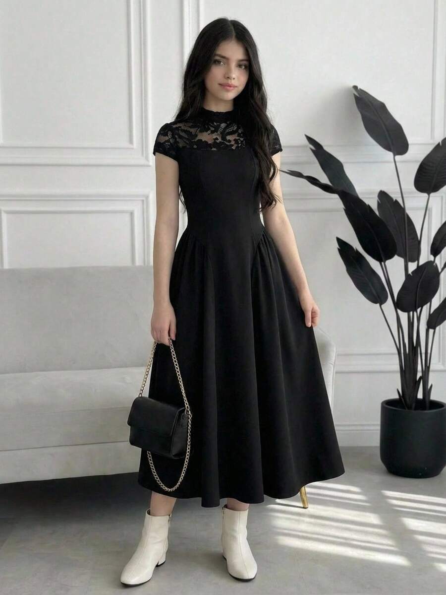 Teen Girl Spring/Summer Elegant Lace Patchwork Long Dress, Dress With Stand Collar, Short Sleeve, Cinched Waist, Ruched Full Skirt, - Black - View 1