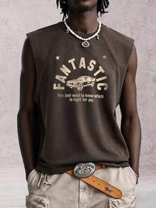 STYNVO Men's Letter Print Round Neck Raglan Sleeveless Vest, Suitable For Daily Wear, Sports, Travel And Vacation - Brown - View 1