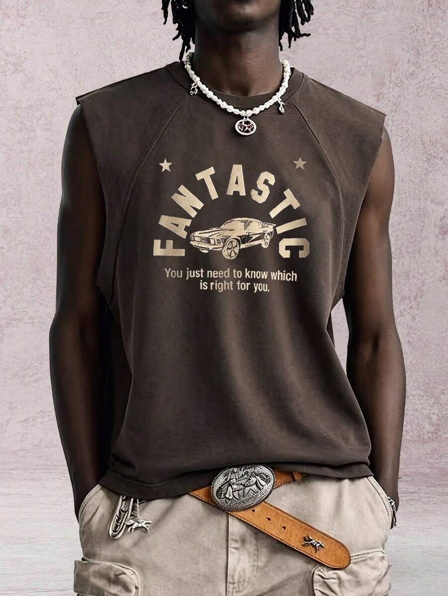 STYNVO Men's Letter Print Round Neck Raglan Sleeveless Vest, Suitable For Daily Wear, Sports, Travel And Vacation - Brown - View 1
