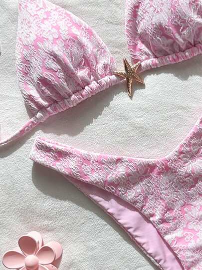 Swim SPRTY Women's Floral Textured Halter Neck Bikini Set, Sexy Triangle Two Pieces Swimsuit For Beach, Pool, Party, Pink Casual Versatile Female Swimwear