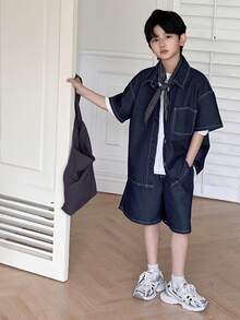 Dazy Kids 男童短袖衬衫+牛仔短裤两件套夏季 - 藍色 - 查看 7