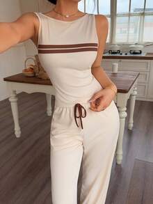 Napfluff Bộ áo và quần không tay kiểu dáng thường ngày, thích hợp cho mùa xuân/hè, phù hợp cho cả mặc hàng ngày và mặc ở nhà. - Màu be - Xem 6