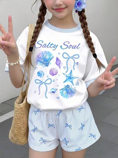 Set de 2 piese pentru fete Tween, casual, pentru vacanță la plajă, tricou cu mânecă scurtă, guler rotund și imprimeu cu funde, drăguț ocean Life, și pantaloni scurți cu dungi albastre și albe, potrivit pentru ținute zilnice de primăvară/vară, stil stradal, ieșiri, acasă