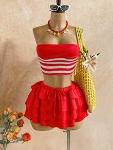 Soleia Bộ đồ nữ thường ngày phong cách vintage đi nghỉ mát: Áo ống cổ bẻ phối sọc đỏ trắng và chân váy xòe màu đỏ có dây rút, thích hợp cho mùa xuân/hè. - Đỏ và trắng - Xem 8