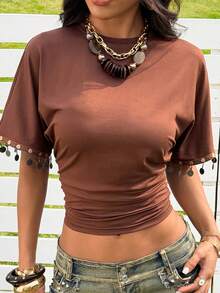 SHEIN EZwear 女士咖啡棕色袖口流苏硬币装饰修身短款针织T恤，适合休闲外出、度假和休闲场合。 - 咖啡棕 - 查看 6