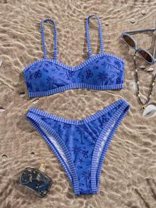 Swim Mod Bộ 2 món bikini in họa tiết ngẫu nhiên, dây đeo điều chỉnh được, kiểu dáng gợi cảm và thanh lịch, thích hợp cho bãi biển và tiệc bể bơi. - Màu xanh lam - Xem 2