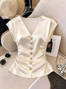 SHEIN Franclia Áo kiểu nữ thanh lịch, lãng mạn kiểu Pháp, tay lỡ cổ chữ V, thiết kế cài nút, eo xếp ly, chất liệu satin cao cấp, áo sơ mi nữ sang trọng, trang phục nữ thanh lịch, trang phục đi nghỉ hè, áo sơ mi nữ thường ngày, áo sơ mi trắng, áo sơ mi đen, áo sơ mi mùa hè cho nữ, trang phục xuân/hè, áo sơ mi nữ mới - Màu be - Xem 3