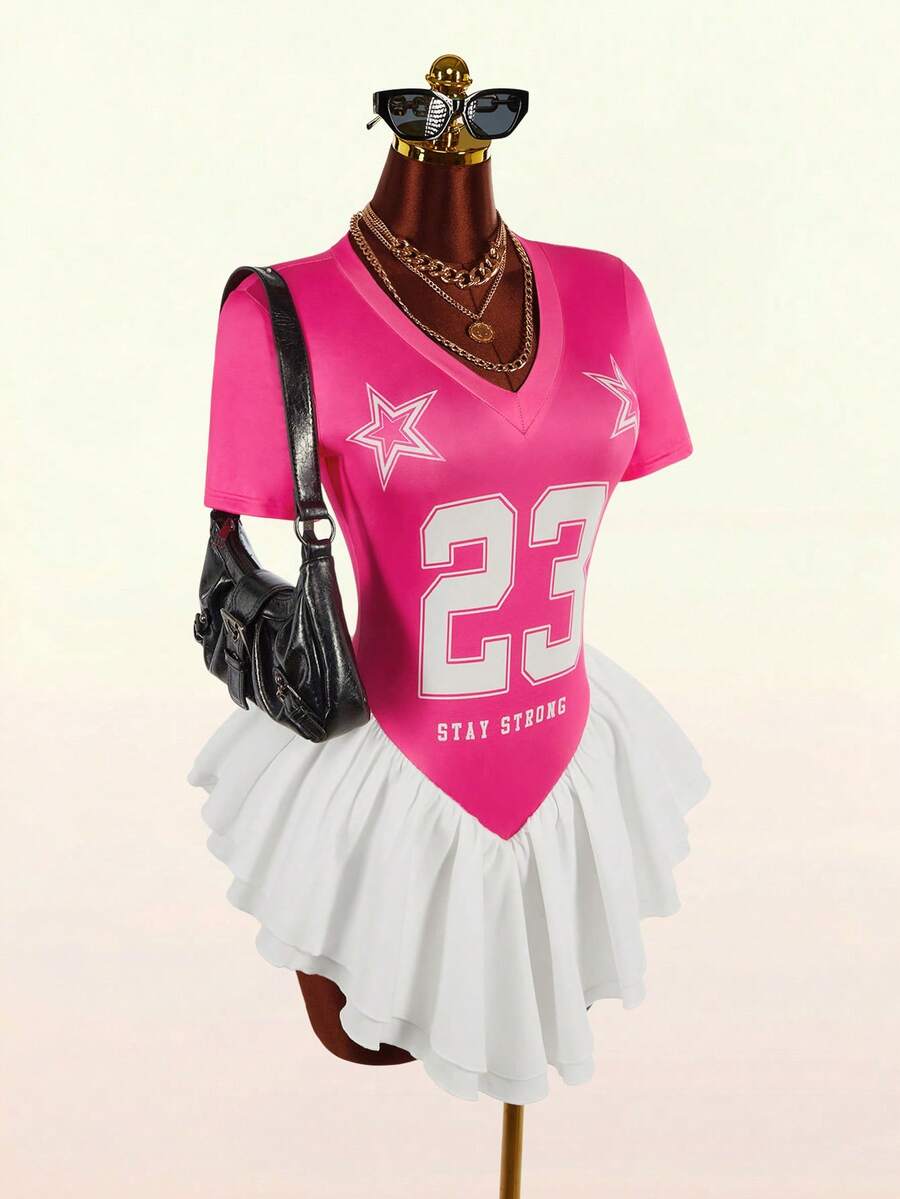 Amplova Women's Letter Number Print Ruched Color Block Casual Y2k Mini Dress For Party Everyday Outing Pink And White Summer