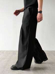 Manfinity Hypemode Men's Versatile Casual Pleated Zip-Up Loose Pants, Daily Wear - Black - View 3