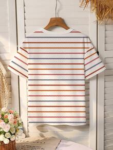 Girls' Round Neck Short Sleeve T-Shirt, Colorful Striped & Floral Pattern, Suitable For Spring And Summer, Casual And Fashionable - White - View 2