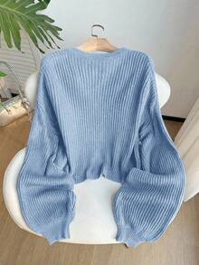SHEIN EZwear Light Blue Casual Everyday Ribbed Knit Cardigan With Front Buttons, Plus Size Fall Winter - Baby Blue - View 2