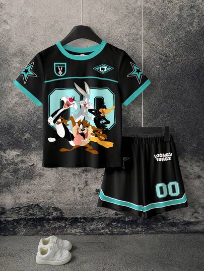 LOONEY TUNES X SHEIN 卡通印花圆领短袖T恤和短裤休闲套装，适合小男孩
