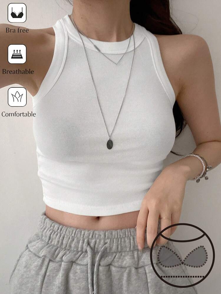 Women's Crew Neck Sleeveless Camisole With Built-In Padding, Casual Street Style