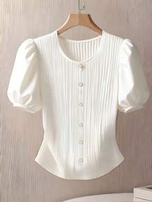 Resyla Plus Size Women's Solid Color Round Neck Casual Versatile Daily Wear Petal Sleeve T-Shirt - White - View 6
