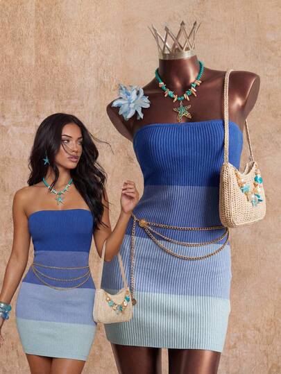 Elin Vora 螺紋針織撞色拼塊抹胸連衣裙