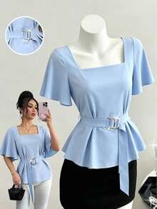 SHEIN Elenzya Women's Square Neck Ruffle Trim Short Sleeve Chiffon Blouse, Tie Waist Slim Fit Commuter Top For Summer - Blue - View 1