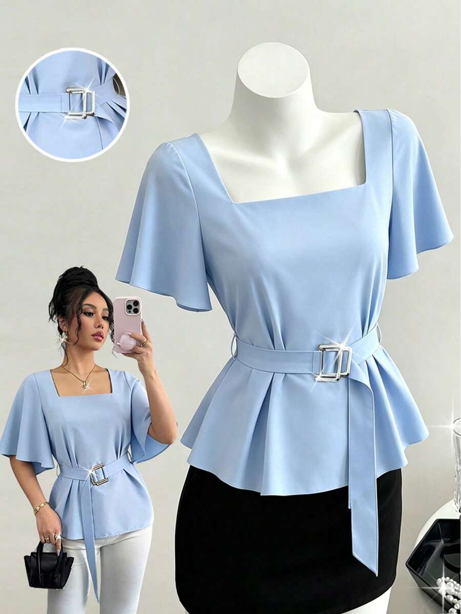 SHEIN Elenzya Women's Square Neck Ruffle Trim Short Sleeve Chiffon Blouse, Tie Waist Slim Fit Commuter Top For Summer - Blue - View 1