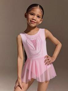 SHEIN Girls' White Elastic Knit Skin-Friendly Leotard Skirt, Soft Fabric Suitable For 4-7 Years Old Children, Suitable For Ballet, Gymnastics, Daily Practice, Outings, Parties And Other Occasions - Pink - View 3