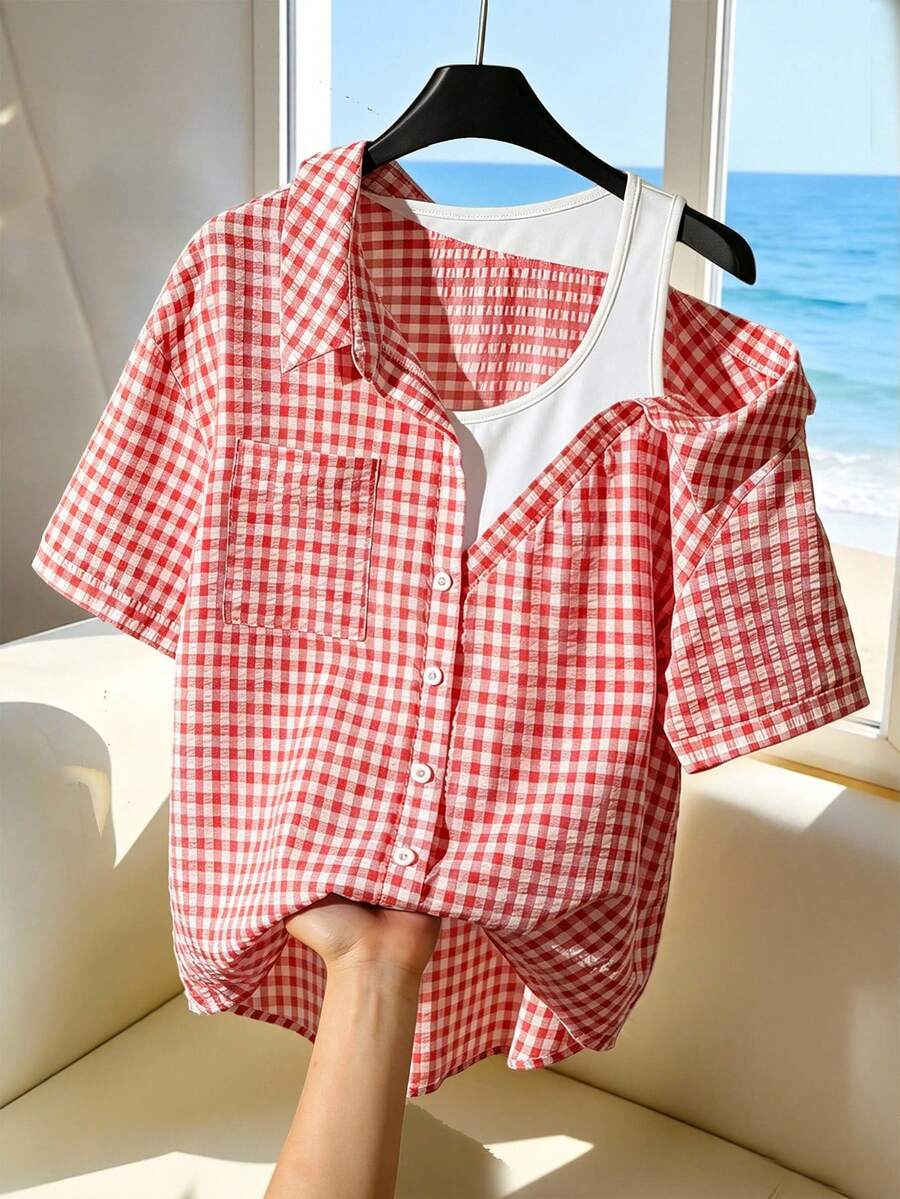 SHEIN Franclia Women's Casual Striped Raglan Short Sleeve Textured Blue & White Shirt, Summer - Red - View 1
