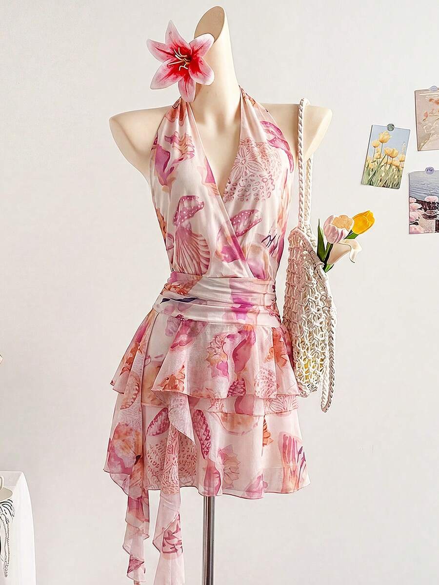 Femesol Gaun Wanita Musim Panas Boho Tropis Warna Pink Muda untuk Liburan Pantai, Motif Kerang dan Bintang Laut, Leher V Dalam, Tali Ikat di Belakang, Hem Berumbai, Patchwork, Gaun Mini Berumbai - Berwarna merah muda - View 1