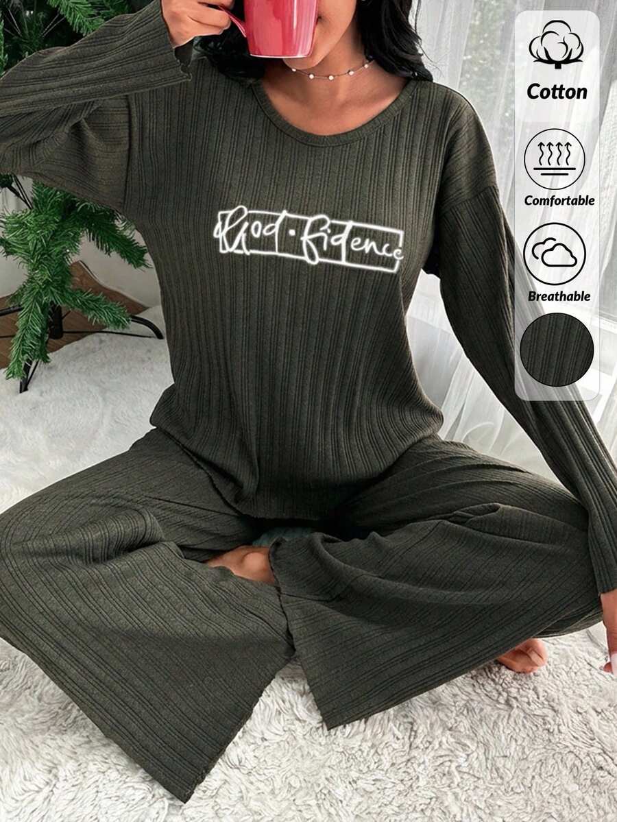Letter Printed Ribbed Knit Loungewear Set - Dark Green - View 1