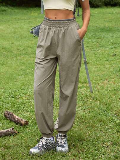 SHEIN In My Nature Women's Solid Color Elastic Waist Slant Pocket Casual Drawstring Outdoor Sweatpants