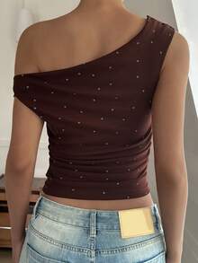 DAZY 女士夏季不对称肩部波点度假风T恤 - 棕色 - 查看 4