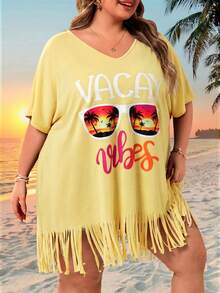 SHEIN CURVE+ Curve 尺码 US22 音乐节、海滨度假、波西米亚风女士 V 领印花宽松沙滩罩衫，适合夏季海滩度假 - 杏色 - 查看 5