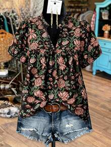 Linhara Plus Size Women's V-Neck Ruffle Trim Puff Sleeve Floral Print Vintage Casual Blouse, Comfortable And Versatile For Daily Wear, Summer New Arrival - Black - View 1