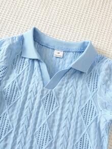 SHEIN 两件装男童舒适休闲度假风纹理面料 Polo 衫（带领拉链）和纹理面料短裤，适合外出、街头摄影、聚会、城市漫步等场合。 - 藍色 - 查看 6