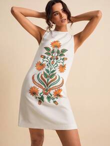 LOTSLUV Damklänning med rund halsringning, ärmlös, avslappnad, lös miniklänning med tryck, vår/sommar - Aprikos - Visa 6